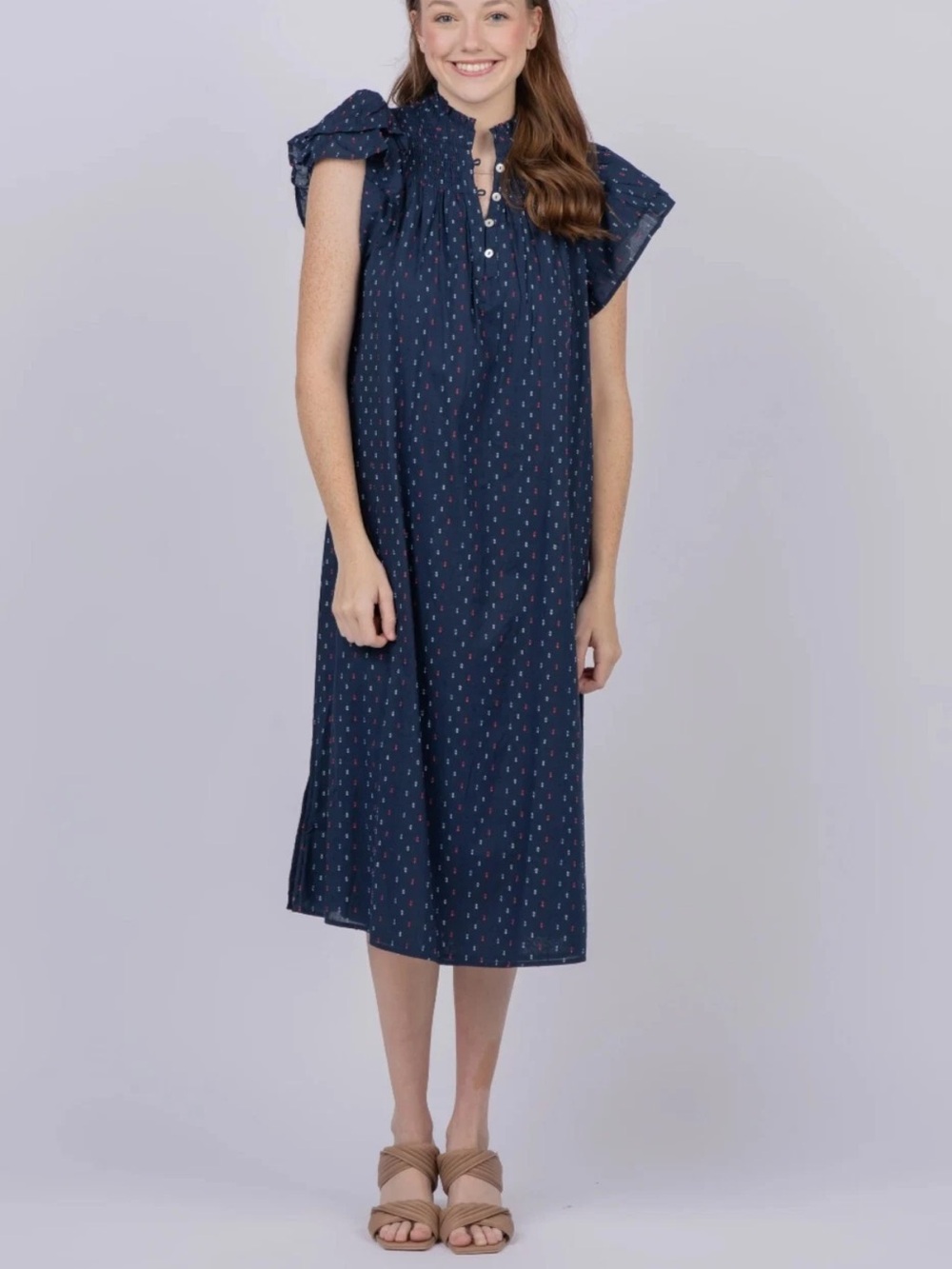Never a Wallflower Smocked Midi Dress in Navy Swiss Dot